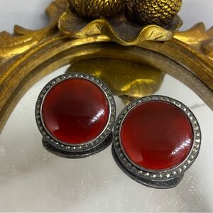 Judith Jack Signed Sterling Silver Large Carnelian Marcasite Circle Earrings